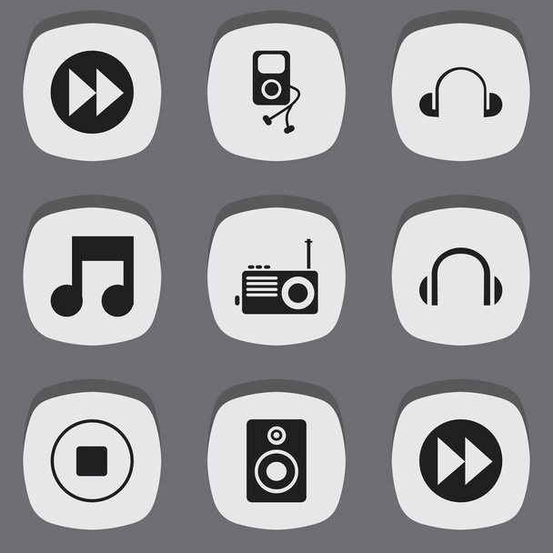Zestaw 9 ikon muzyki można edytować. Zawiera symbole, takie jak słuchawki, słuchawki, Symbol muzyczny i więcej. Mogą być używane dla sieci Web, mobilnych, interfejsu użytkownika i Infographic Design. - Wektor, obraz