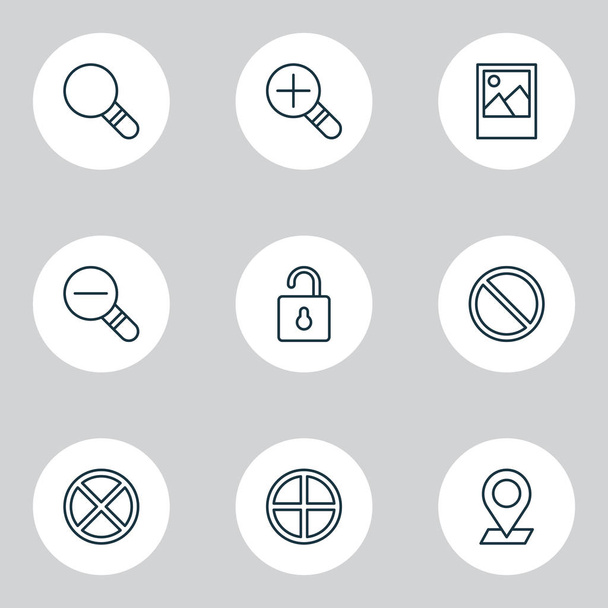 Web Icons Set. Collection Of Zoom Out, Research, Unlock And Other Elements. Also Includes Symbols Such As Magnifying, Pinpoint, Wrong. - Vector, Image