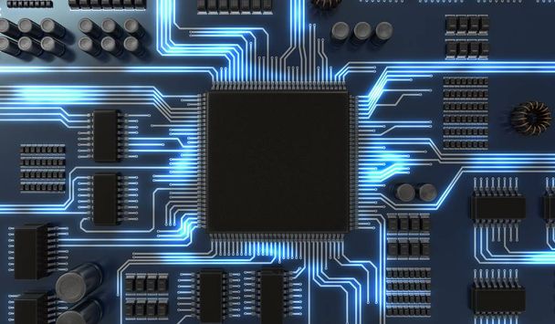 3D gerenderte Darstellung von Prozessor oder Mikrochip auf elektronischem - Foto, Bild