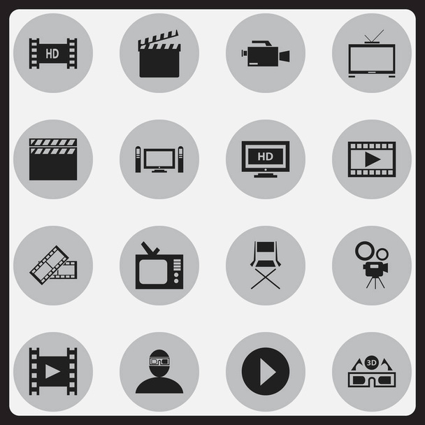 Set de 16 iconos de cine editables. Incluye símbolos como retro TV, cámara de cine, silla y más. Puede ser utilizado para el diseño de la tela, móvil, interfaz de usuario e infografía
. - Vector, Imagen
