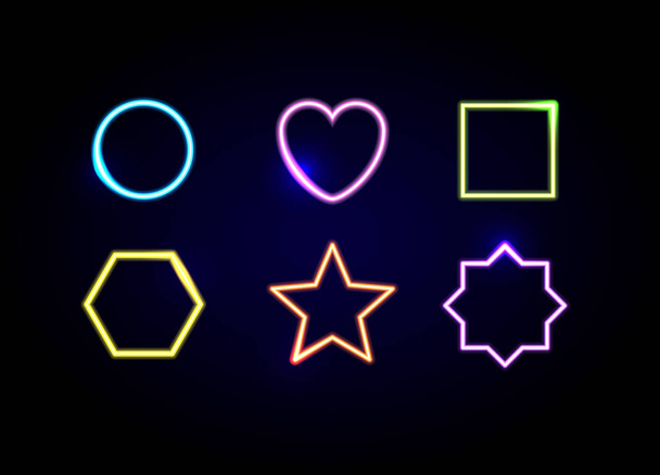 Neon different shapes frames. Glowing circle, heart, square, hexagon, star and polygon symbols. - Vetor, Imagem
