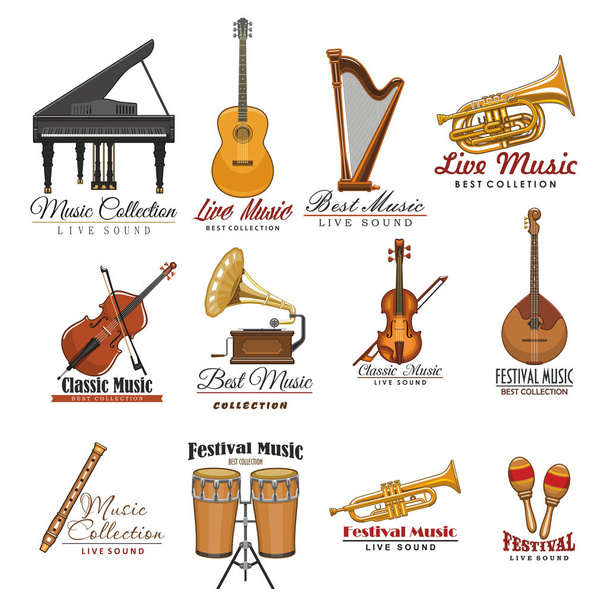 Σύνολο μουσικής σχεδιασμού των συμβόλων μουσικό όργανο - Διάνυσμα, εικόνα