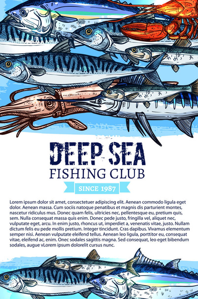 Visserij club banner met zeevruchten en vis schetsen - Vector, afbeelding