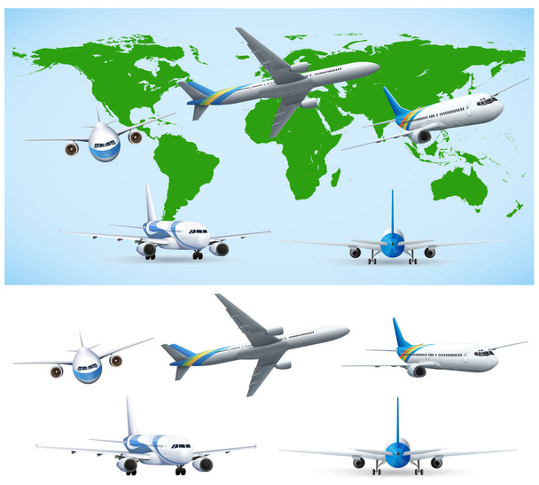 Airplane flying over world map - Vector, Image