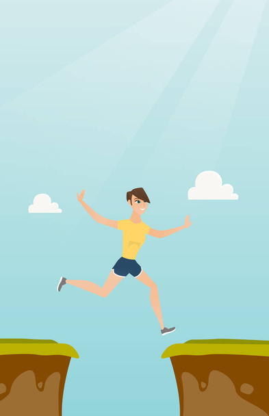 Young caucasian sportswoman jumping over the cliff - Vector, Image