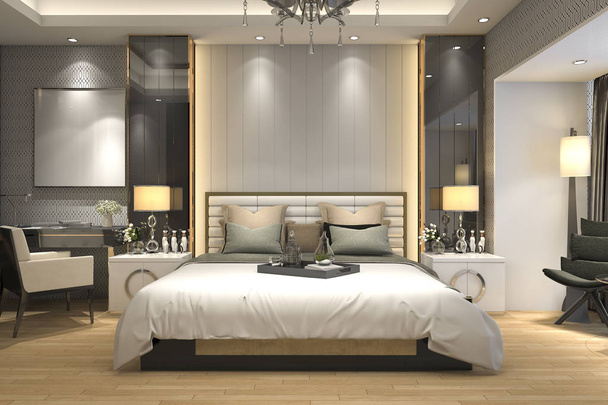 3Dレンダリングホテルの豪華な近代的なベッドルームスイート - 写真・画像
