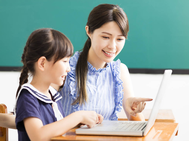 молодий вчитель допомагає дитині з комп'ютерним уроком
 - Фото, зображення