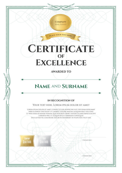 Certificado de retrato de modelo de excelência com fita de prêmio em fundo guilhochê abstrato com estilo de borda vintage
 - Vetor, Imagem