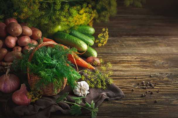 Summer still life of ripe vegetables and dill. - Photo, Image