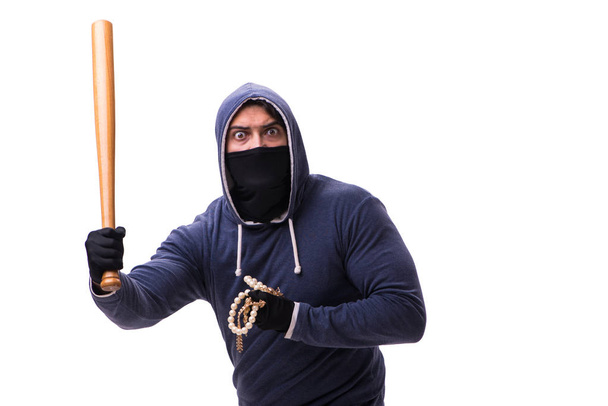 Young man hooligan with baseball bat isolated on white - Foto, afbeelding