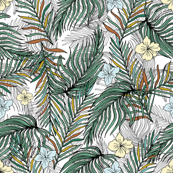 Hand Drawn Seamless Background With Palm  Leaves And Tropical Fl - Vektor, Bild