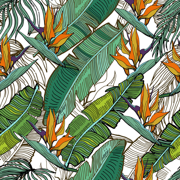 Hand Drawn Seamless Background With Banana Leaves And Tropical F - ベクター画像