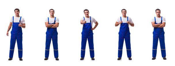 Handsome repairman wearing blue coveralls on white - Photo, Image