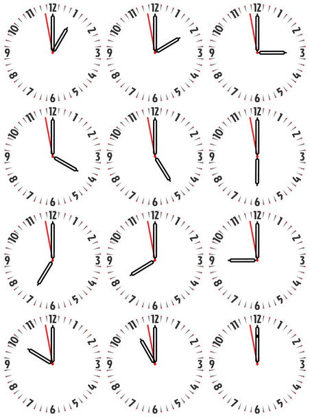 Un set di orologi meccanici con un'immagine di ciascuna delle dodici ore
. - Vettoriali, immagini