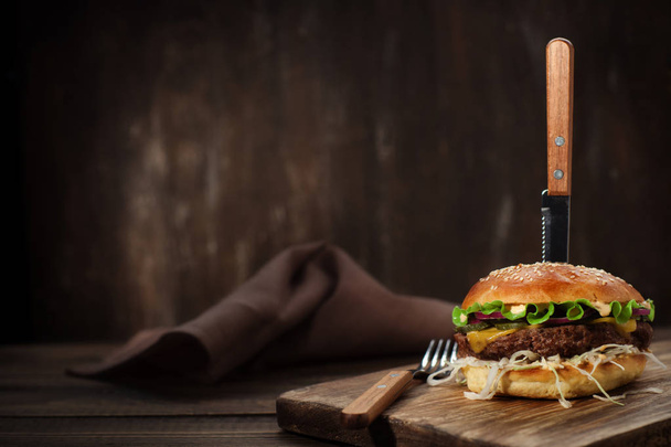Burger with chop and onion - Фото, зображення