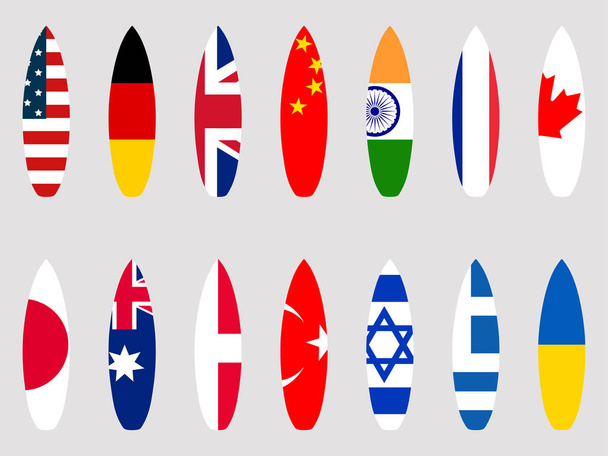 Surfbretter mit Flaggen der Welt. gesetzt. Vektorillustration - Vektor, Bild