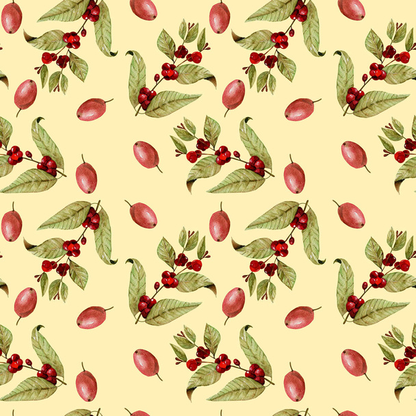 Seamless pattern with watercolor ripening coffee beans on the branches and red coffee beans - Foto, afbeelding