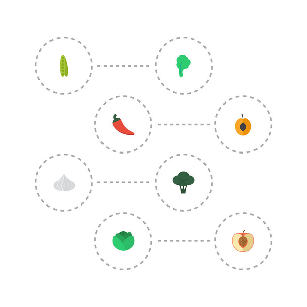 Flat Icons Bean, Hot Pepper, Nectarine And Other Vector Elements. Set Of Dessert Flat Icons Symbols Also Includes Peach, Chili, Bean Objects. - Vector, Image