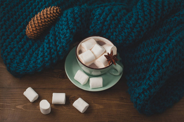 χειμερινό σπίτι φόντο - φλυτζάνι του καυτού κακάου με marshmallow  - Φωτογραφία, εικόνα