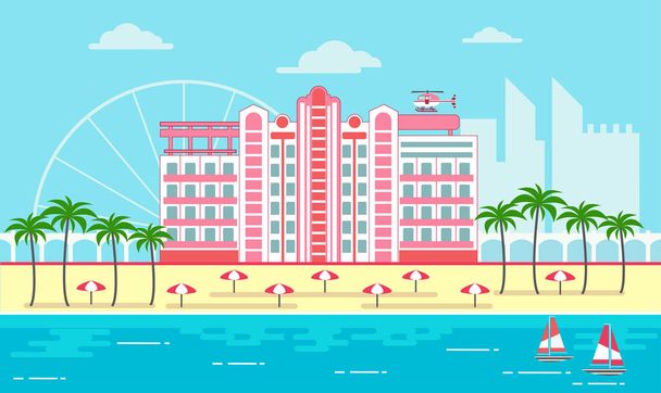 Vacances d'été ville avec plage, palmiers, yachts et hôtel à la plage. Conception plate vectorielle
 - Vecteur, image