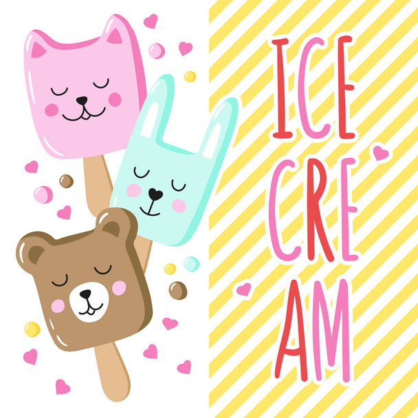 A bright background with a charming animal ice cream and a hand-written inscription. - Vector, imagen