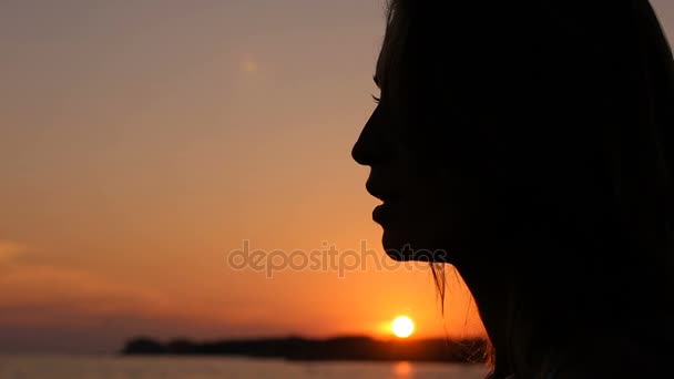 Προφίλ του στοχαστικός γυναίκα το ηλιοβασίλεμα στην παραλία - Πλάνα, βίντεο