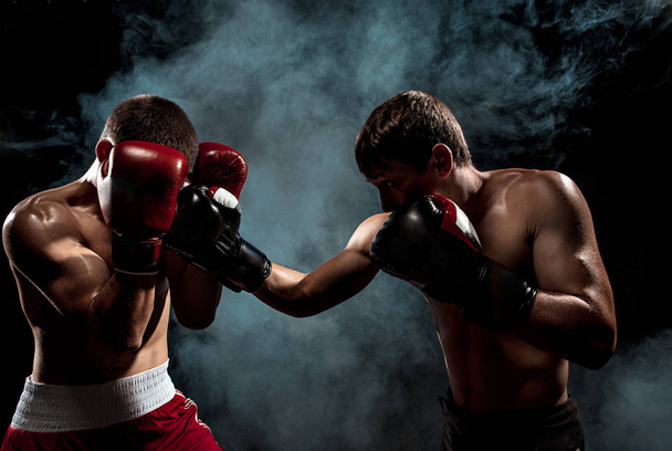 Two professional boxer boxing on black smoky background, - 写真・画像