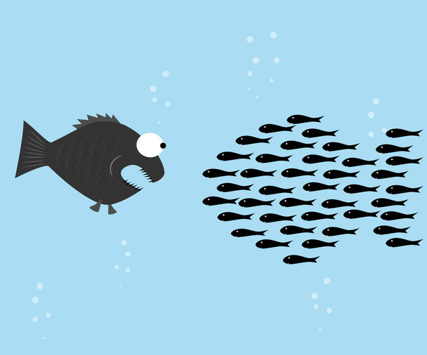 Os peixes unem a luta com o grande peixe. ilustração vetorial
 - Vetor, Imagem
