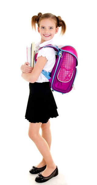 Portrait of smiling happy school girl child with backpack  - Zdjęcie, obraz