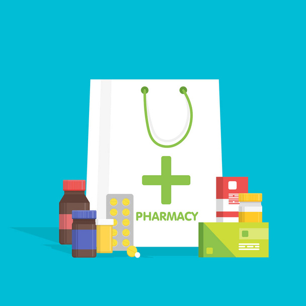 Flat style white shopping bag with different medical pills and bottles, healthcare pharmacy, drug store. Vector illustration - Διάνυσμα, εικόνα