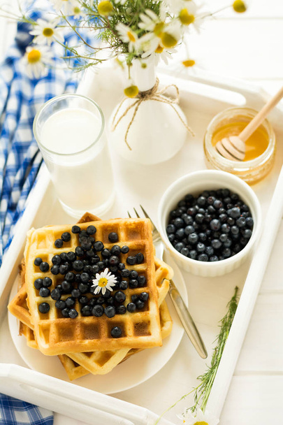 Healthy breakfast: Belgian waffles with blueberries, honey and milk decorated chamomile flowers - Foto, Imagem