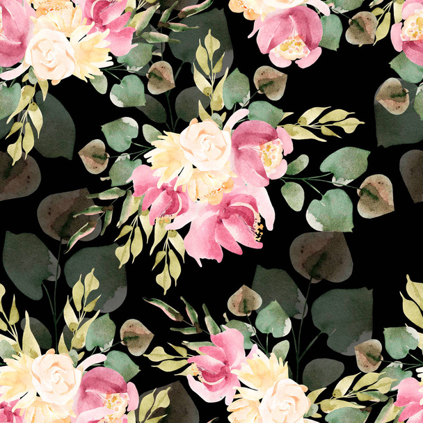 Beautiful Bright Colorful Watercolor Pattern with Rose Flowers
.  - Фото, изображение