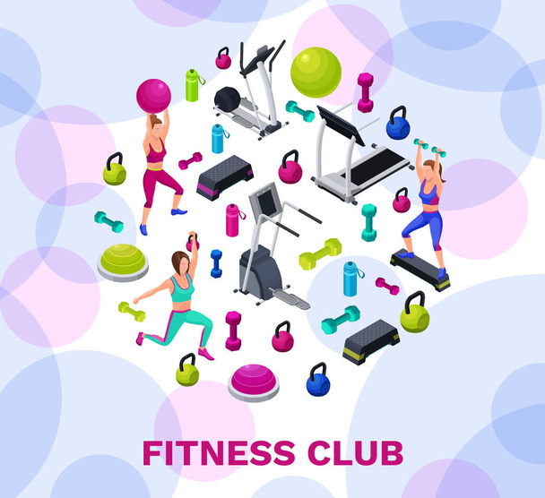 Isometrische fitness poster met vector iconen van sportartikelen, kleurrijke achtergrond met dumbells, platformen, bosu bal of halve bal, fles, set van training accessoires, sjabloon voor flyer, banner - Vector, afbeelding
