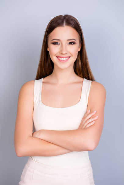 Close up portrait of successful and confident lady standing with - Фото, зображення