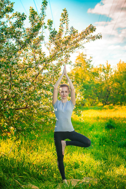 hermosa mujer haciendo yoga al aire libre en verde hierba
 - Foto, imagen