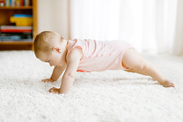 Little funny baby girl lifting body and learning to crawl. - Photo, Image