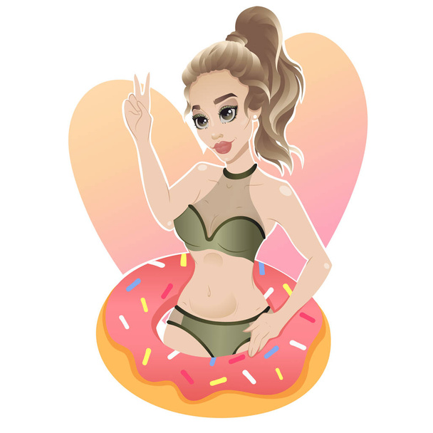 Όμορφη ξανθιά νεαρή γυναίκα με μαγιό ποζάρει με κολύμπι σωλήνα σε σχήμα δακτυλίου - Διάνυσμα, εικόνα