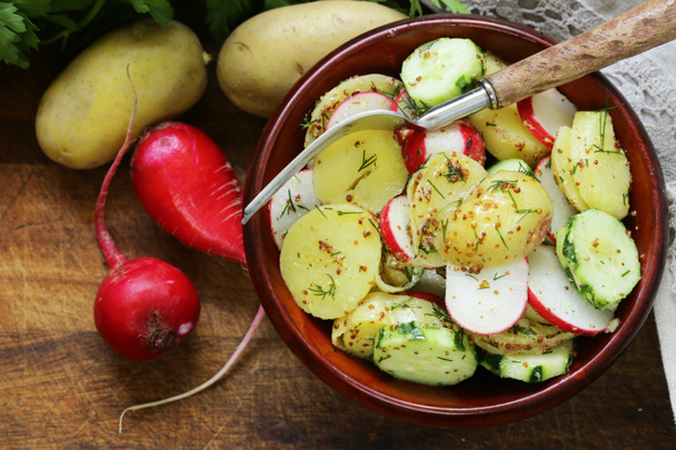 Salade de pommes de terre au radis et concombre, vinaigrette à la moutarde
 - Photo, image