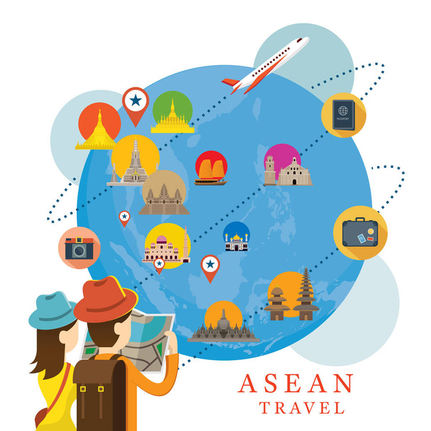 Путешественник с картой и достопримечательностями Юго-Восточной Азии
 - Вектор,изображение
