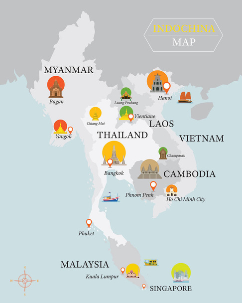 Mapa de Indochina con iconos de monumentos de la capital nacional
 - Vector, Imagen