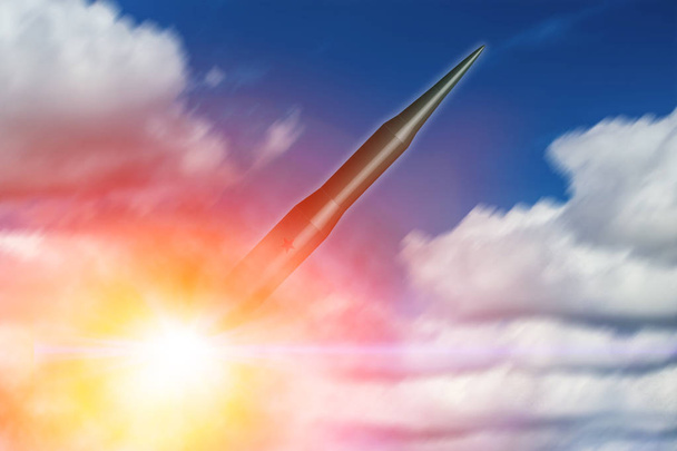Intercontinental Ballistic Missile (ICBM) rocket lunched flying in the sky for nuclear bomb test illustration concept. - Photo, Image