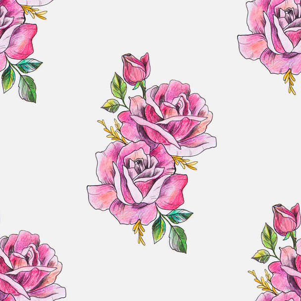 Seamless pattern of a branch of red roses on a white background. - Fotoğraf, Görsel