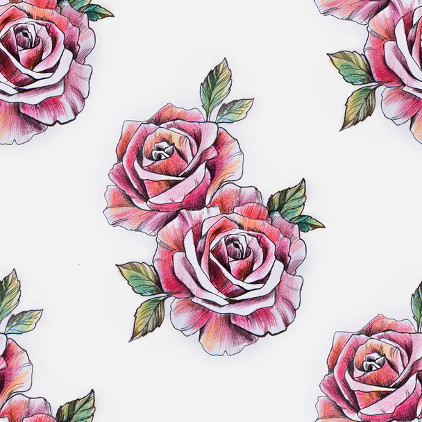 Seamless pattern of a branch of red roses on a white background. - Fotó, kép