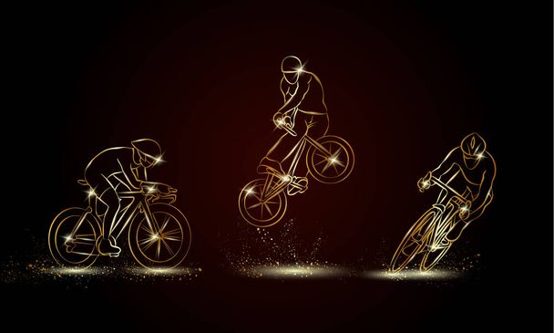 Ποδηλάτης και ποδήλατο Αθλητισμού σύνολο. Χρυσή γραμμική απεικόνιση αγώνα ποδηλασία για έμβλημα του αθλήματος, το υπόβαθρο και Φέιγ βολάν. - Διάνυσμα, εικόνα