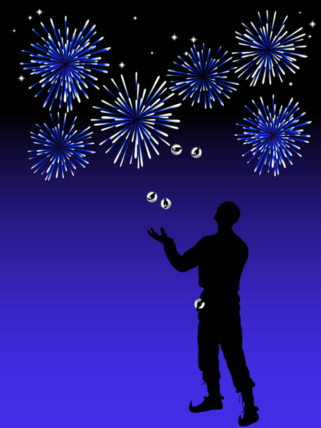 Silhouette of juggler, blue fireworks behind - Vector, Image