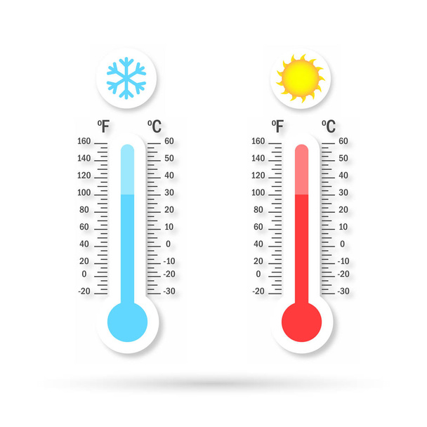 シャドウと温度ロゴのセットです。温かい料理と冷たい温度 - ベクター画像