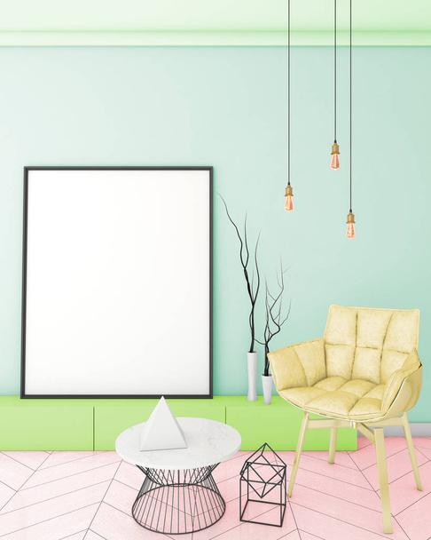 color mock up poster frame in rainbow interior background, modern and hipster style, 3D render, 3D illustration - Photo, image