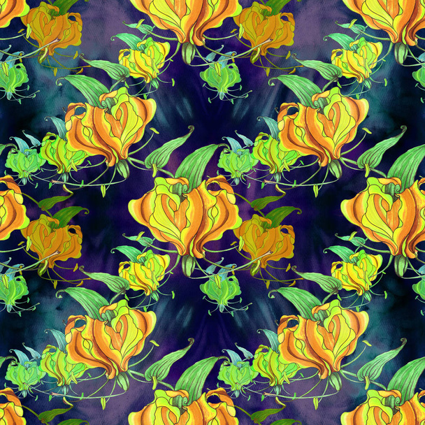 Gloriosa.Seamless pattern. Flowers and leaves - watercolor background image - decorative composition. - Photo, image