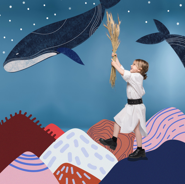дівчина з пшеничними вухами і китами
 - Фото, зображення