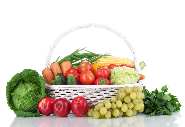 Composition with vegetables and fruits in wicker basket isolated on white - Foto, Imagem